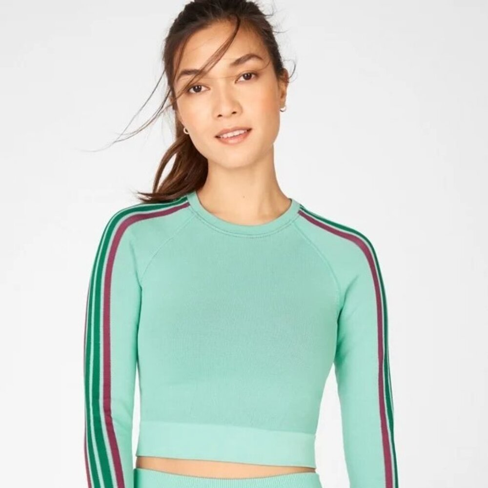 Fabletics Womens L Teal Crop Athletic Stretch w/ Contrast Retro Stripes NWT